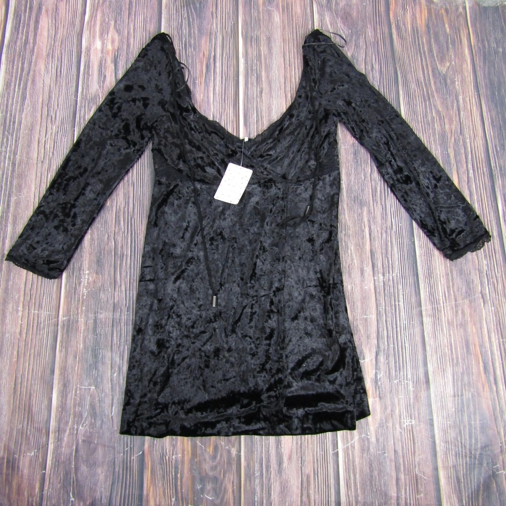Free People Dress Womens Medium Black Crushed Velvet Mini Long Sleeve OB1046907
